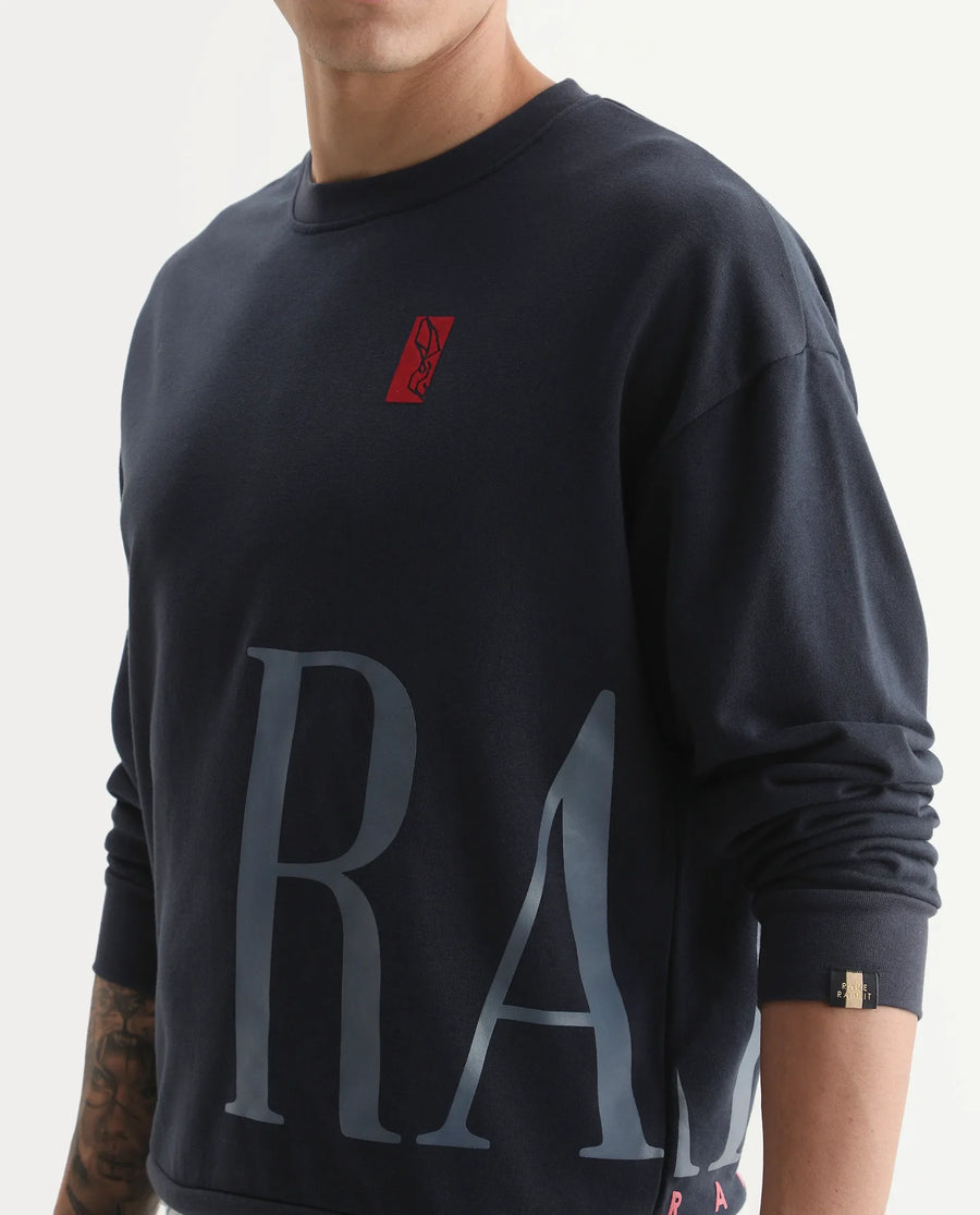 Rare Rabbit Men's Kacey Navy Cotton Graphic Print Oversized Fit Full Sleeve Crew Neck Sweatshirt