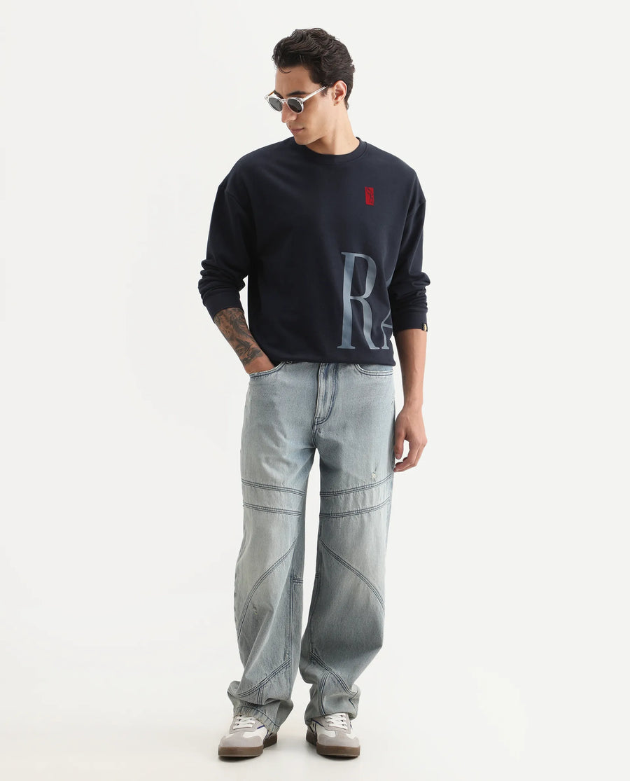 Rare Rabbit Men's Kacey Navy Cotton Graphic Print Oversized Fit Full Sleeve Crew Neck Sweatshirt