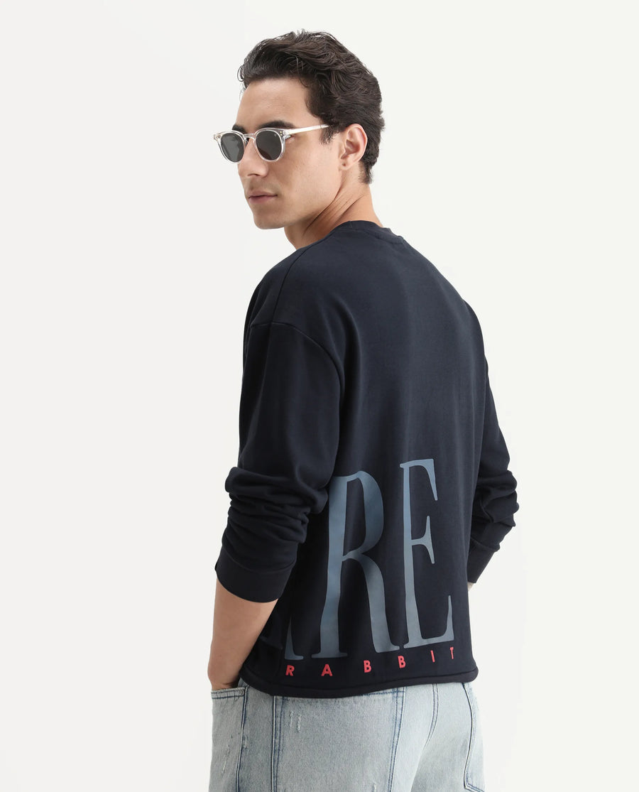 Rare Rabbit Men's Kacey Navy Cotton Graphic Print Oversized Fit Full Sleeve Crew Neck Sweatshirt