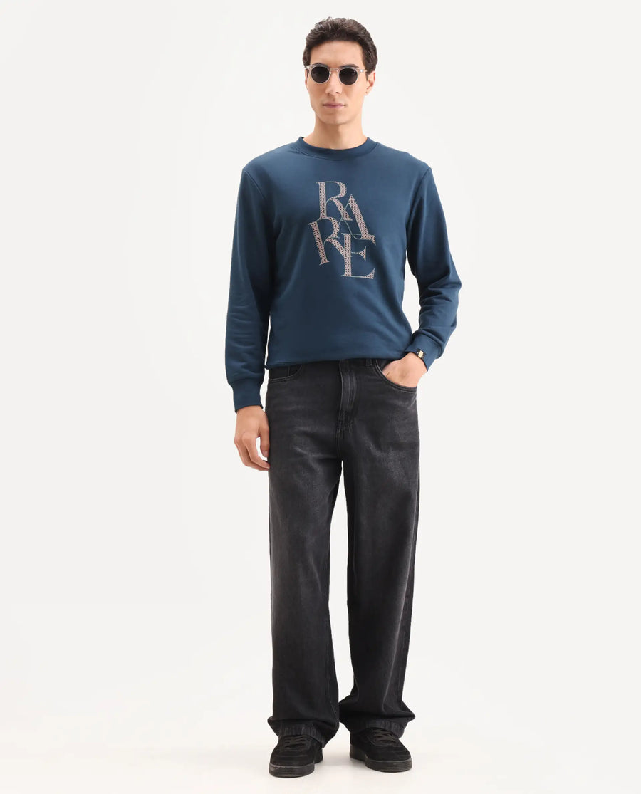 Rare Rabbit Men's Calixer Dark Green Graphic Print Regular Fit Full Sleeve Crew Neck Sweatshirt