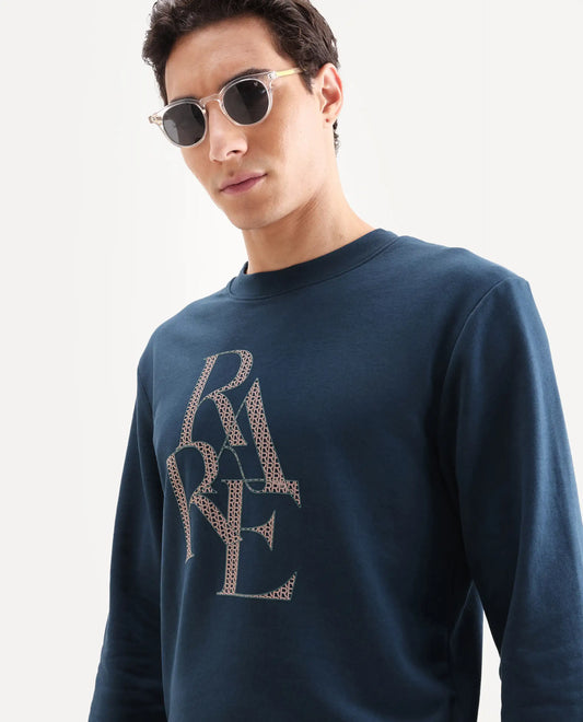 Rare Rabbit Men's Calixer Dark Green Graphic Print Regular Fit Full Sleeve Crew Neck Sweatshirt