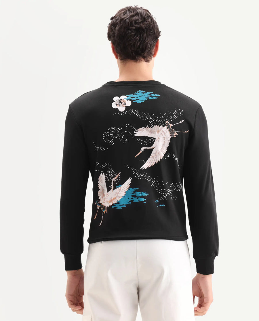 Rare Rabbit Men's Lain Black Cotton Animal Print Boxy Fit Full Sleeve Crew Neck Sweatshirt