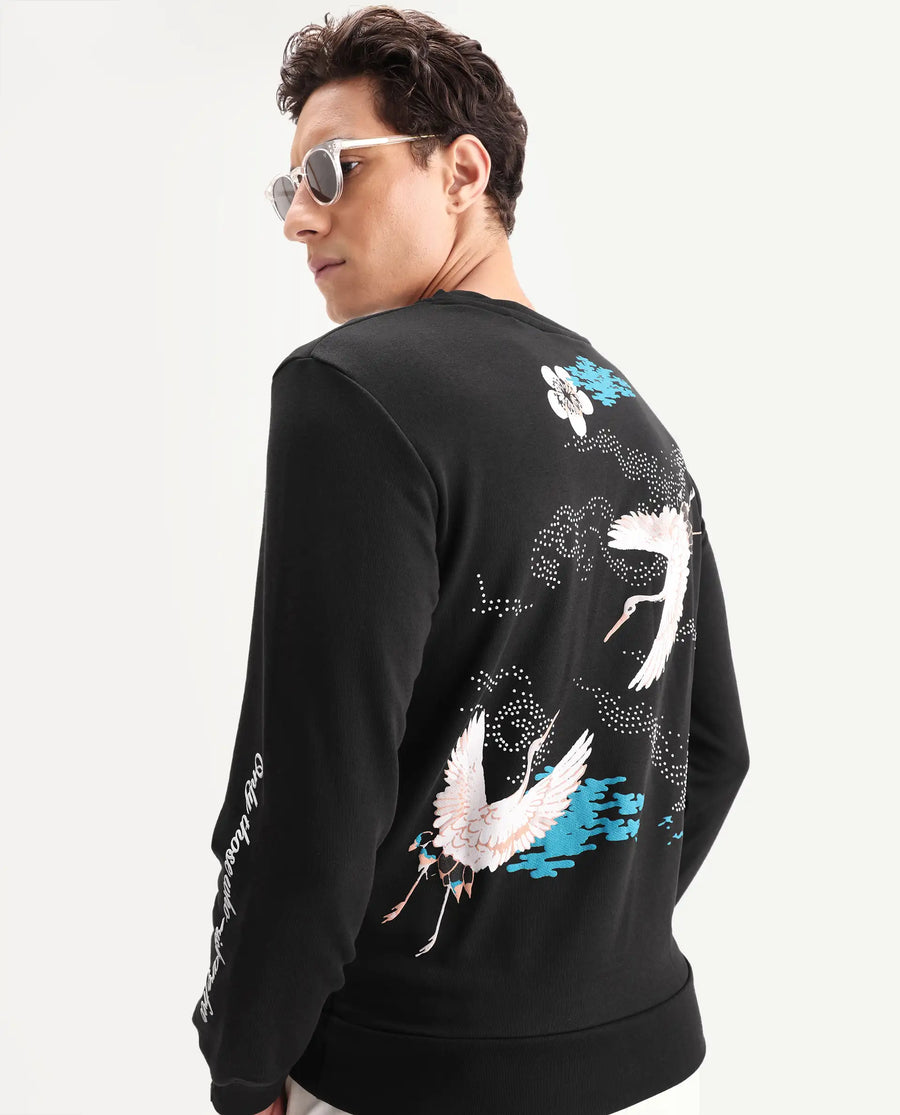Rare Rabbit Men's Lain Black Cotton Animal Print Boxy Fit Full Sleeve Crew Neck Sweatshirt