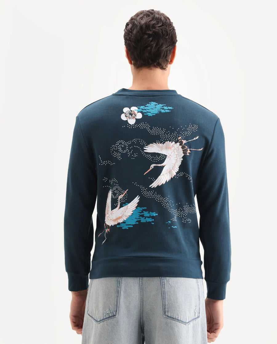 Rare Rabbit Men's Lain Petrol Cotton Animal Print Boxy Fit Full Sleeve Crew Neck Sweatshirt