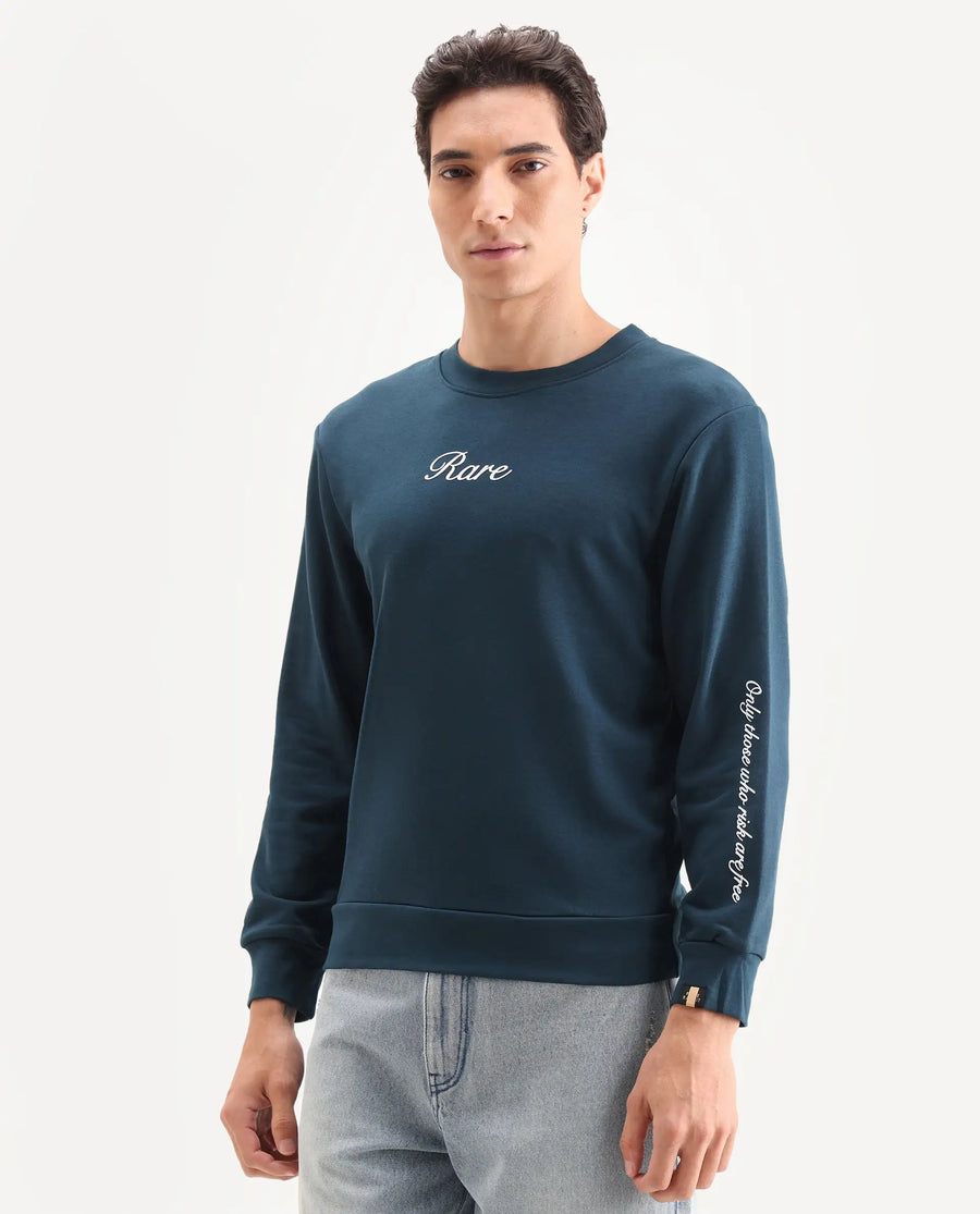 Rare Rabbit Men's Lain Petrol Cotton Animal Print Boxy Fit Full Sleeve Crew Neck Sweatshirt