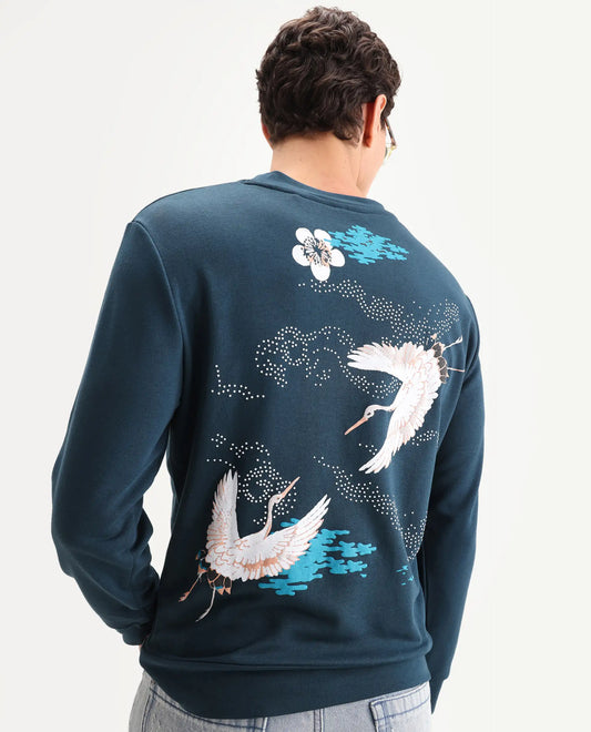Rare Rabbit Men's Lain Petrol Cotton Animal Print Boxy Fit Full Sleeve Crew Neck Sweatshirt