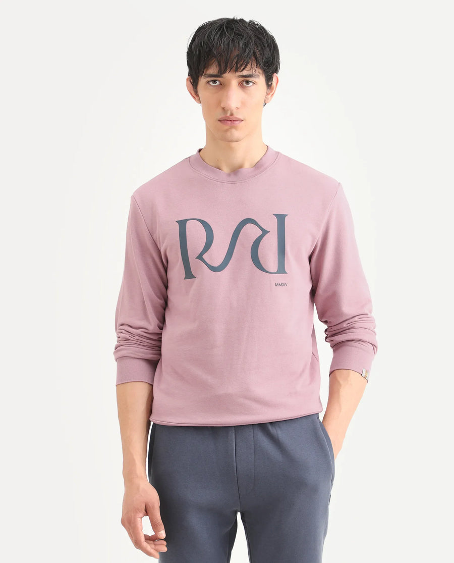 Rare Rabbit Men's Oris Dusky Pink Cotton Graphic Print Regular Fit Full Sleeve Crew Neck Sweatshirt