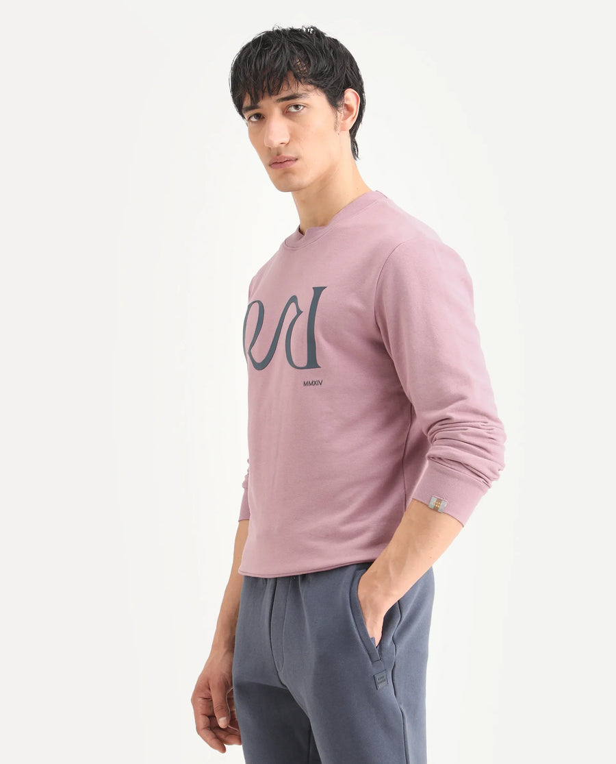 Rare Rabbit Men's Oris Dusky Pink Cotton Graphic Print Regular Fit Full Sleeve Crew Neck Sweatshirt