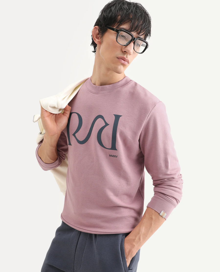 Rare Rabbit Men's Oris Dusky Pink Cotton Graphic Print Regular Fit Full Sleeve Crew Neck Sweatshirt