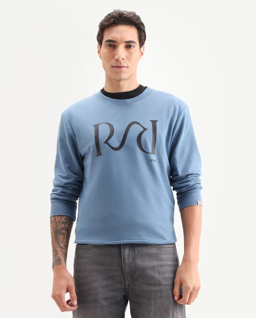 Rare Rabbit Men's Oris Dusky Blue Cotton Graphic Print Regular Fit Full Sleeve Crew Neck Sweatshirt