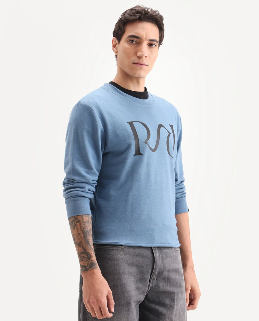 Rare Rabbit Men's Oris Dusky Blue Cotton Graphic Print Regular Fit Full Sleeve Crew Neck Sweatshirt