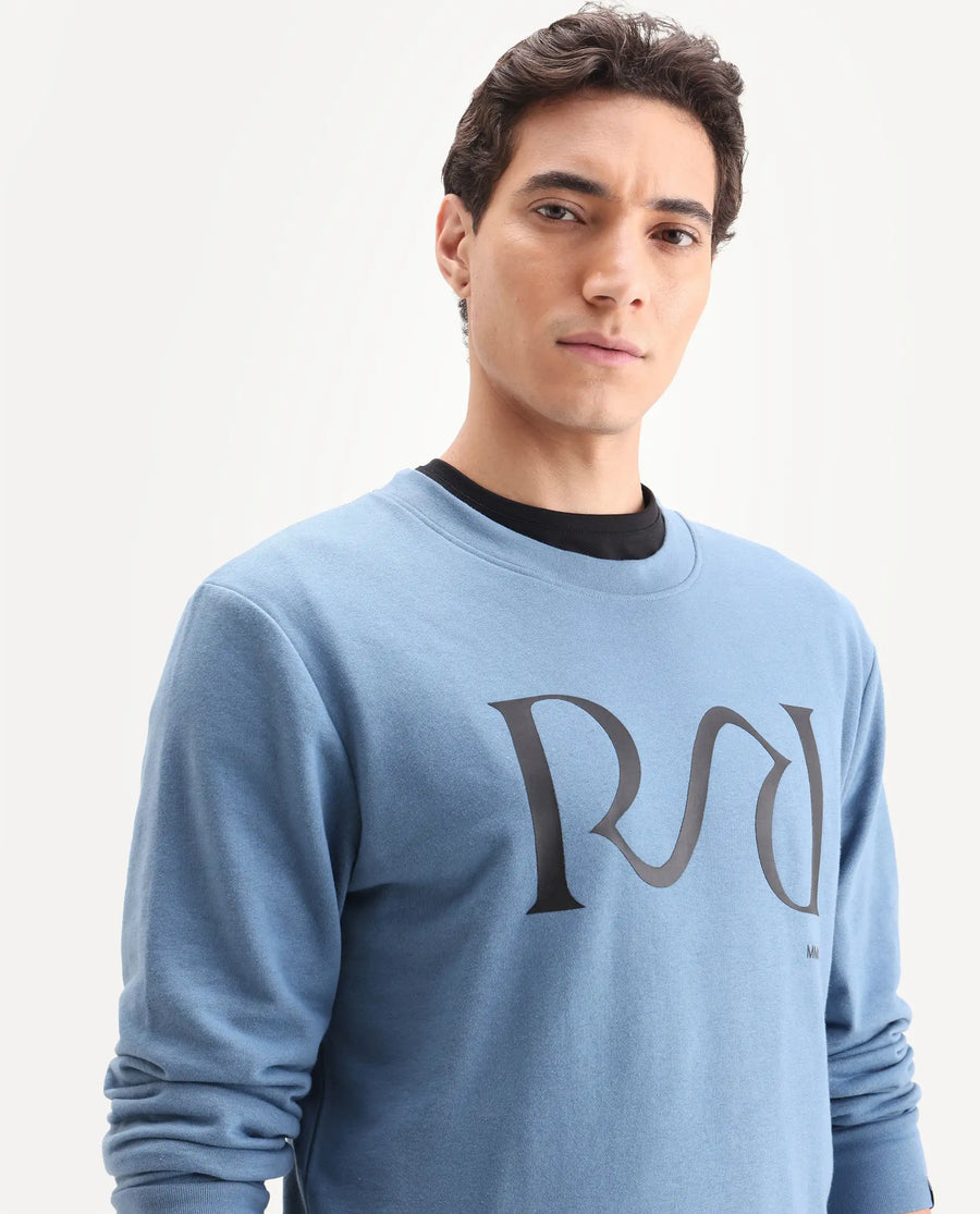 Rare Rabbit Men's Oris Dusky Blue Cotton Graphic Print Regular Fit Full Sleeve Crew Neck Sweatshirt