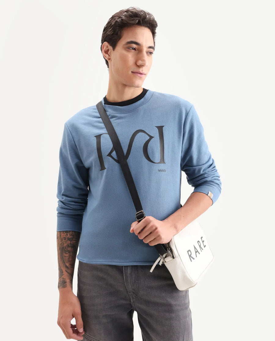 Rare Rabbit Men's Oris Dusky Blue Cotton Graphic Print Regular Fit Full Sleeve Crew Neck Sweatshirt