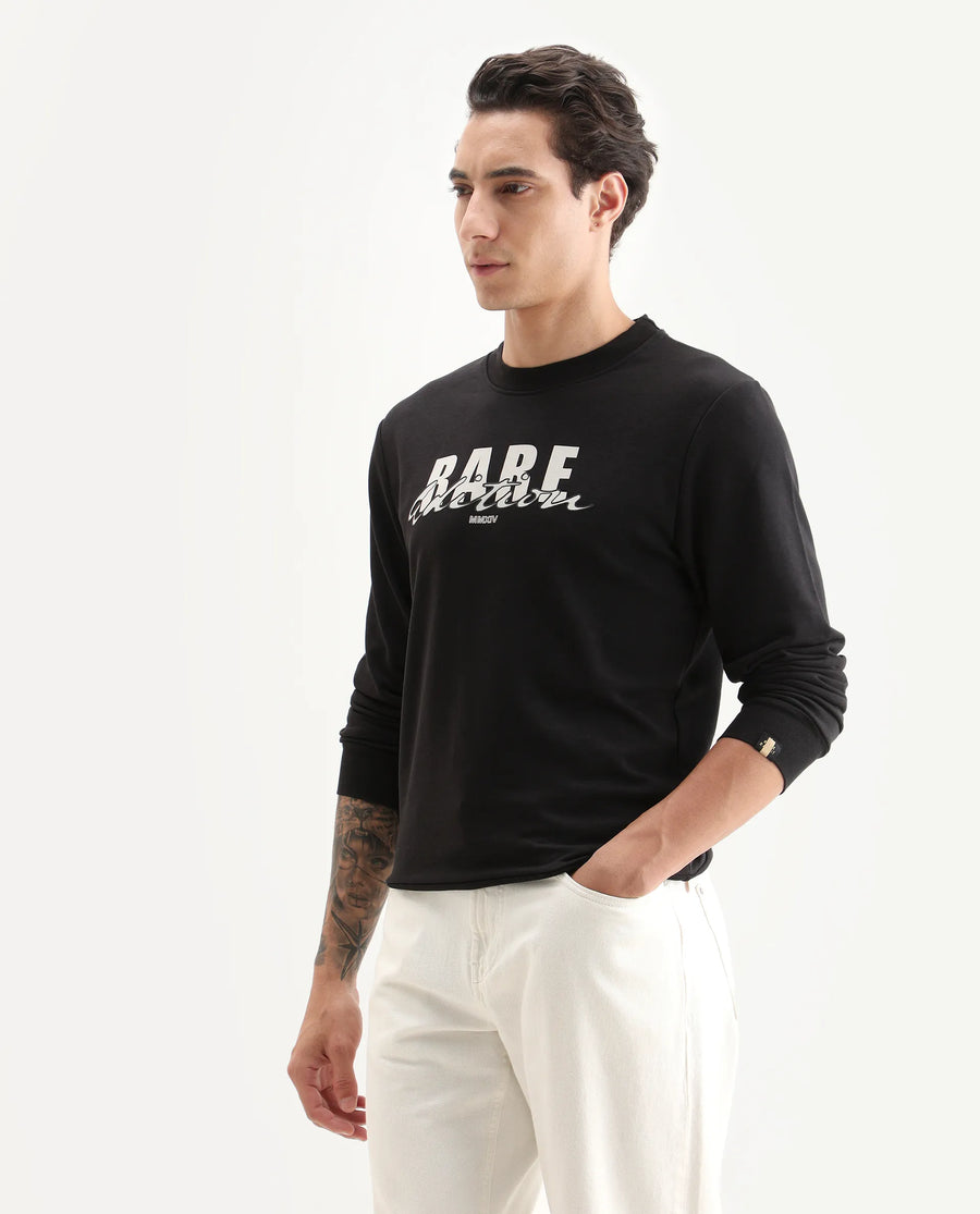 Rare Rabbit Men's Roven Black Cotton Blend Graphic Print Regular Fit Full Sleeve Crew Neck Sweatshirt