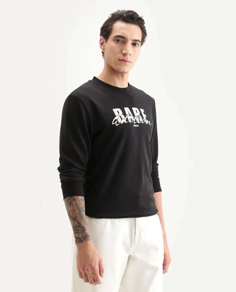 Rare Rabbit Men's Roven Black Cotton Blend Graphic Print Regular Fit Full Sleeve Crew Neck Sweatshirt