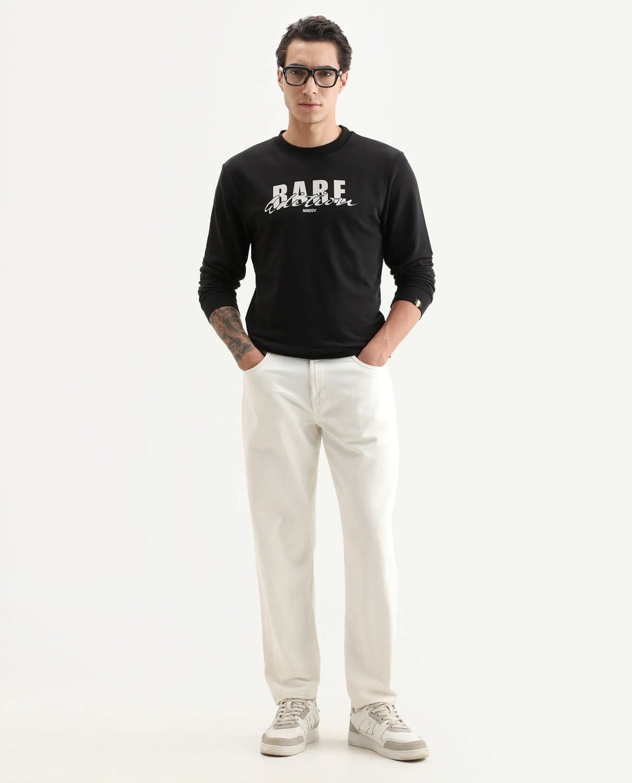 Rare Rabbit Men's Roven Black Cotton Blend Graphic Print Regular Fit Full Sleeve Crew Neck Sweatshirt