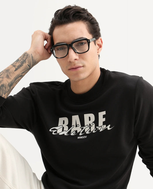 Rare Rabbit Men's Roven Black Cotton Blend Graphic Print Regular Fit Full Sleeve Crew Neck Sweatshirt
