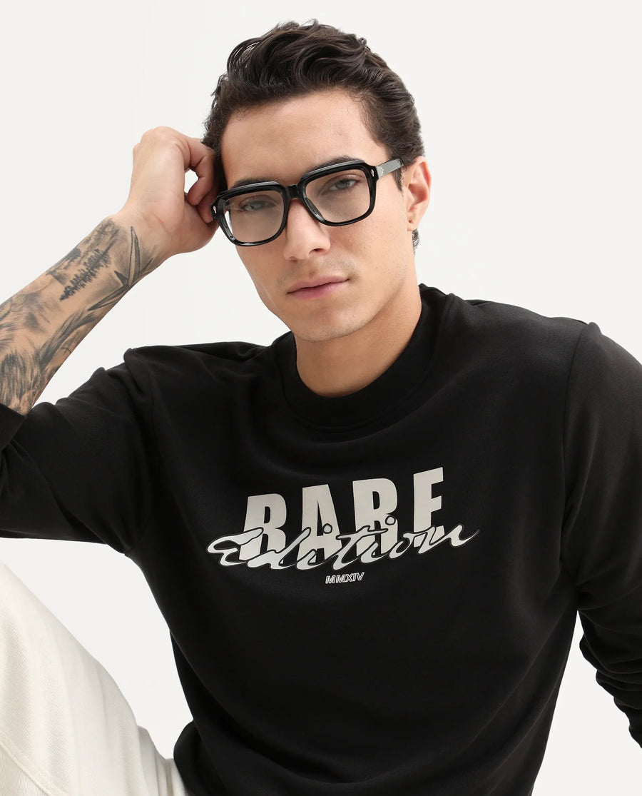 Rare Rabbit Men's Roven Black Cotton Blend Graphic Print Regular Fit Full Sleeve Crew Neck Sweatshirt