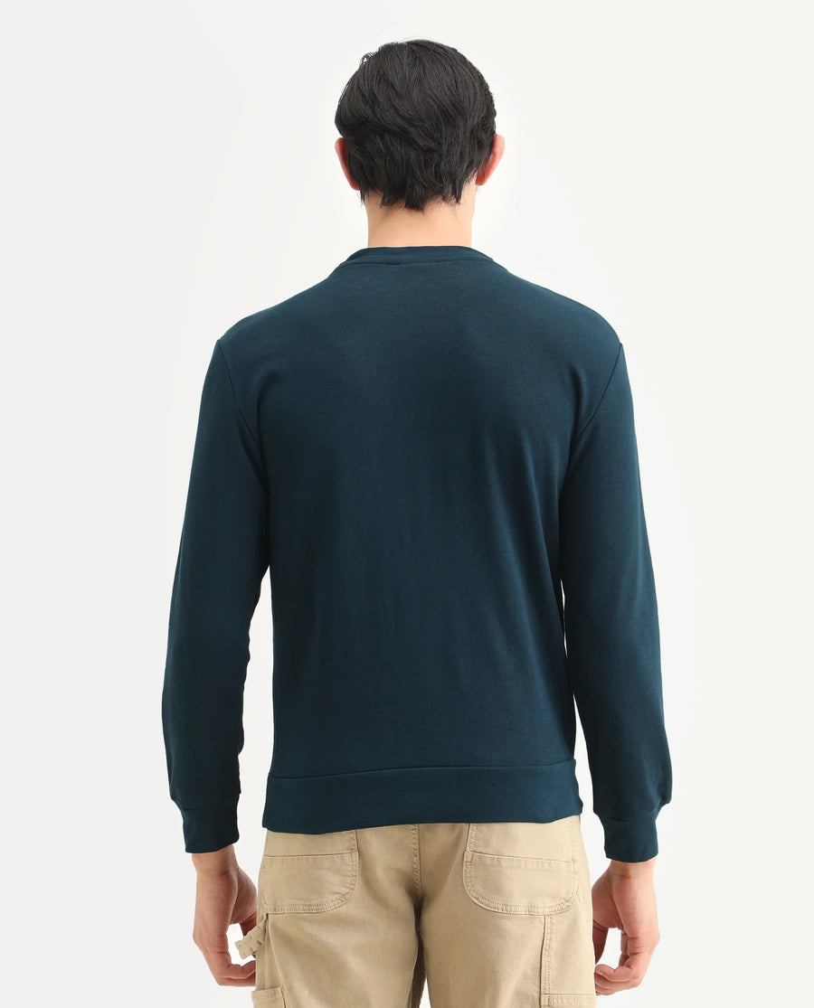 Rare Rabbit Men's Roven Dark Petrol Cotton Graphic Print Regular Fit Full Sleeve Crew Neck Sweatshirt