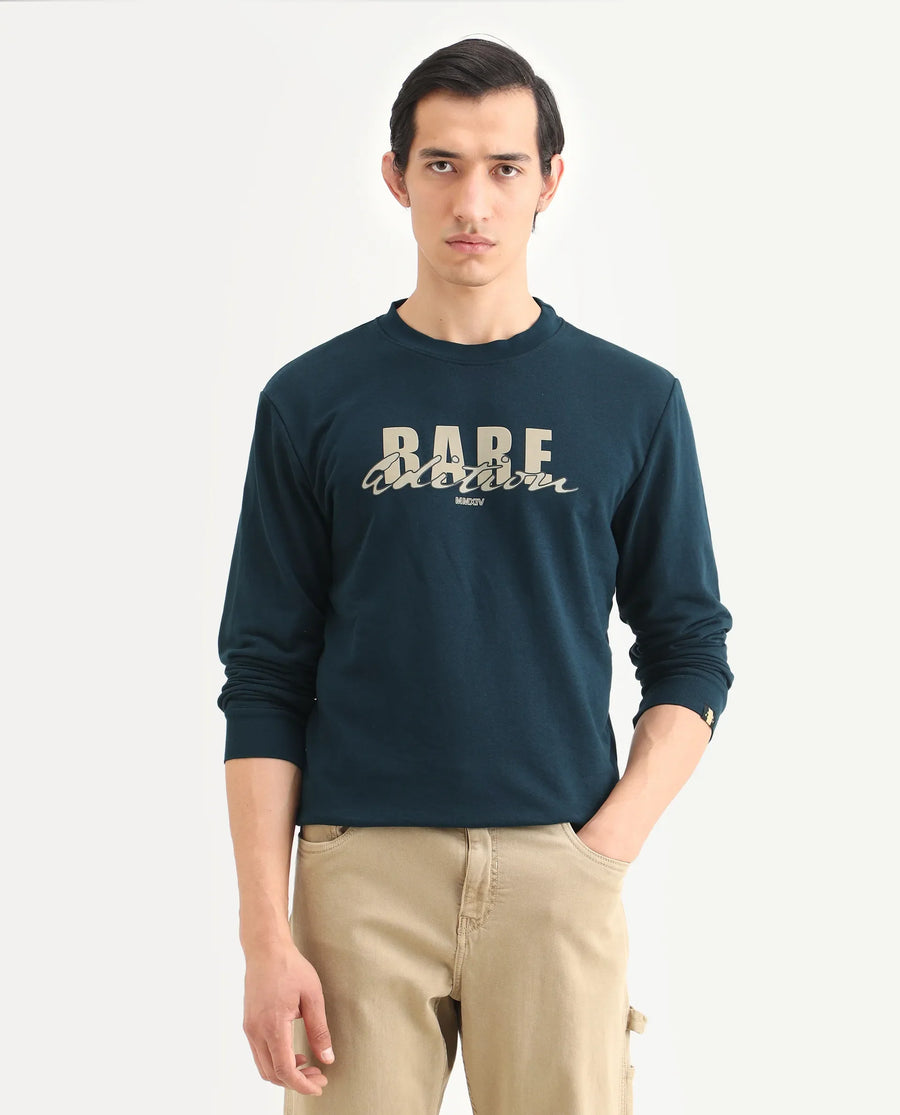 Rare Rabbit Men's Roven Dark Petrol Cotton Graphic Print Regular Fit Full Sleeve Crew Neck Sweatshirt