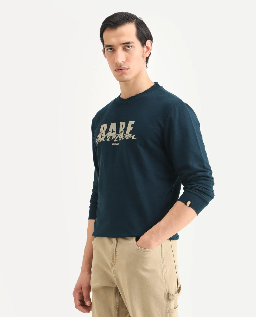 Rare Rabbit Men's Roven Dark Petrol Cotton Graphic Print Regular Fit Full Sleeve Crew Neck Sweatshirt