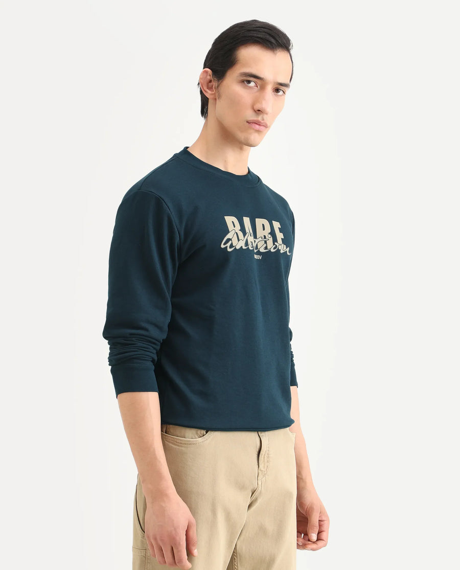Rare Rabbit Men's Roven Dark Petrol Cotton Graphic Print Regular Fit Full Sleeve Crew Neck Sweatshirt