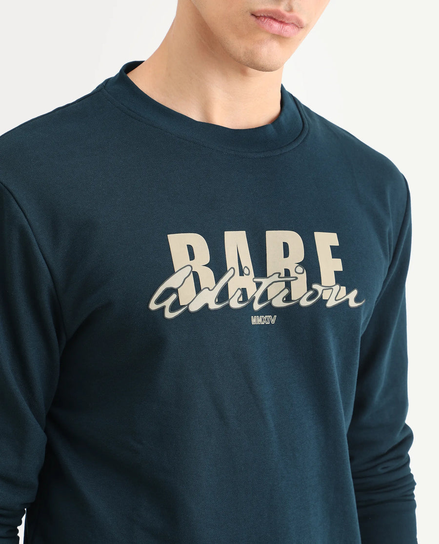 Rare Rabbit Men's Roven Dark Petrol Cotton Graphic Print Regular Fit Full Sleeve Crew Neck Sweatshirt