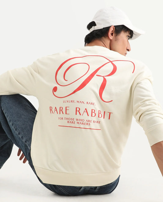 Rare Rabbit Men's Ore Off White Cotton Blend Typography Print Boxy Fit Full Sleeve High Neck Sweatshirt