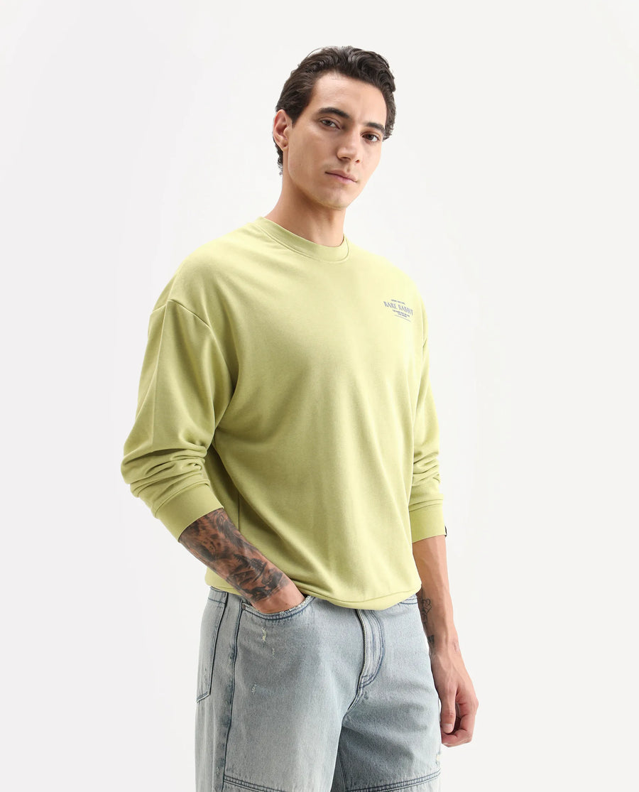 Rare Rabbit Men's Ore Pastel Green Cotton Typography Print Boxy Fit Full Sleeve Crew Neck Sweatshirt