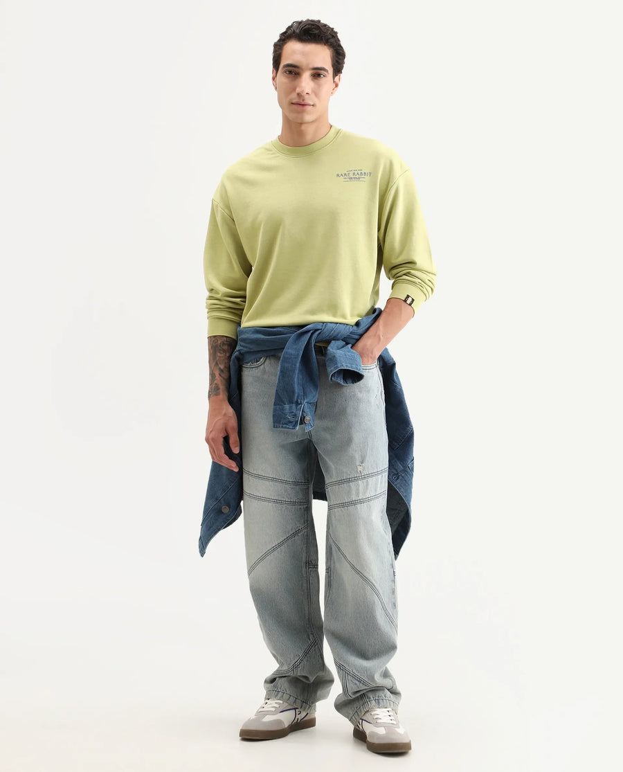 Rare Rabbit Men's Ore Pastel Green Cotton Typography Print Boxy Fit Full Sleeve Crew Neck Sweatshirt