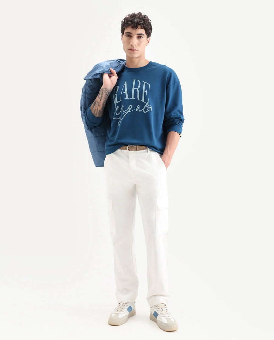 Rare Rabbit Men's Emro Dark Blue Cotton Graphic Print Oversized Fit Full Sleeve Crew Neck Sweatshirt