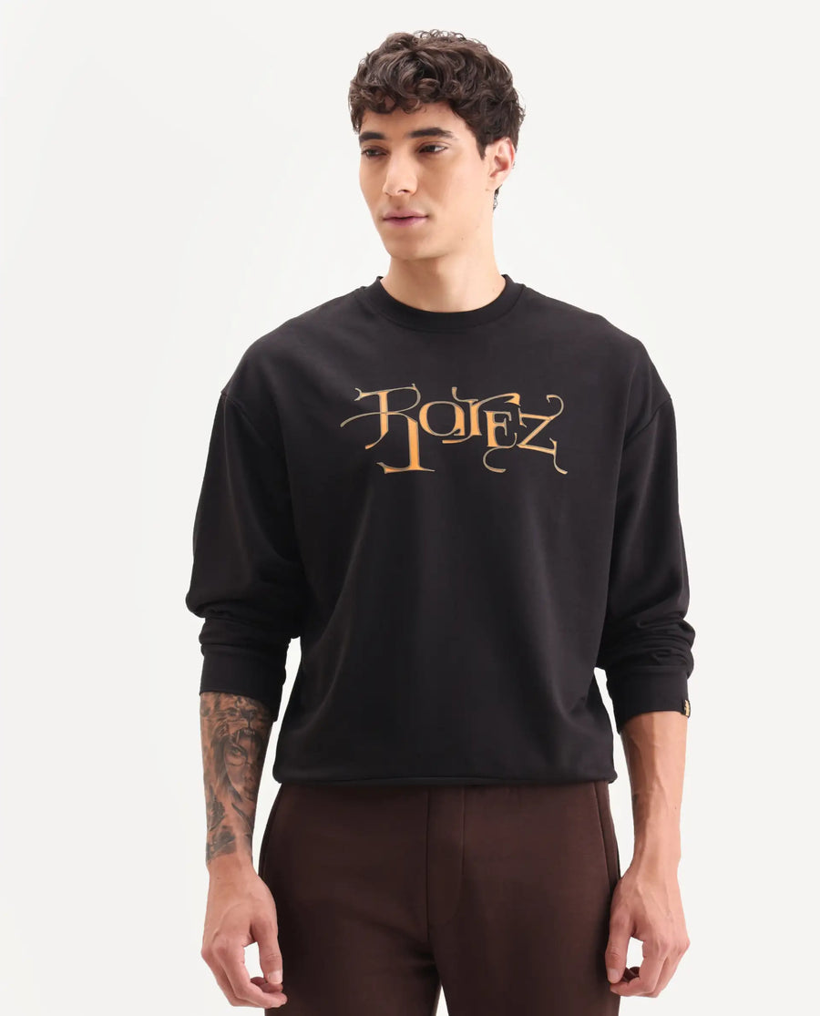 Rare Rabbit Men's Bott Dark Grey Cotton Graphic Print Regular Fit Full Sleeve Crew Neck Sweatshirt