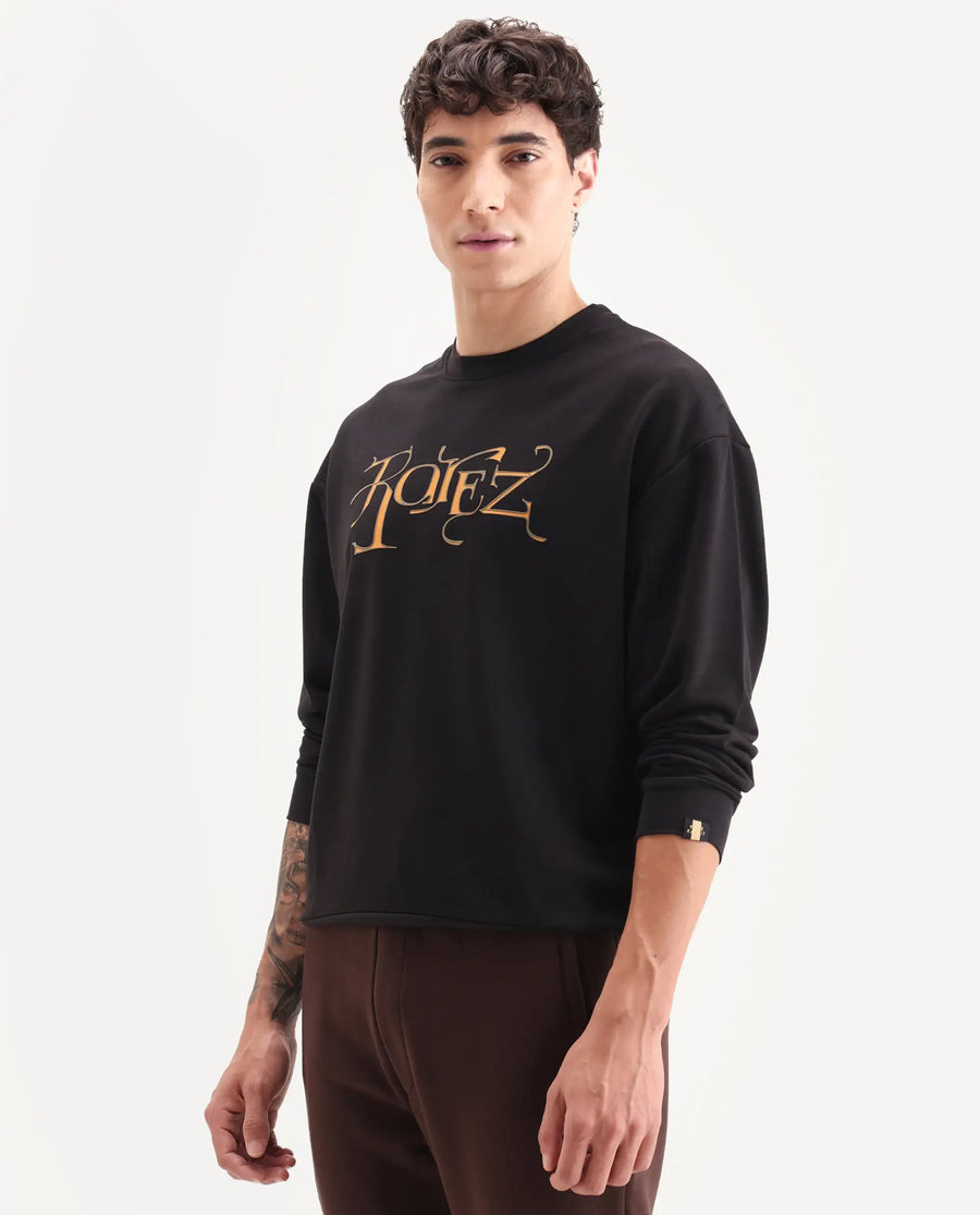 Rare Rabbit Men's Bott Dark Grey Cotton Graphic Print Regular Fit Full Sleeve Crew Neck Sweatshirt