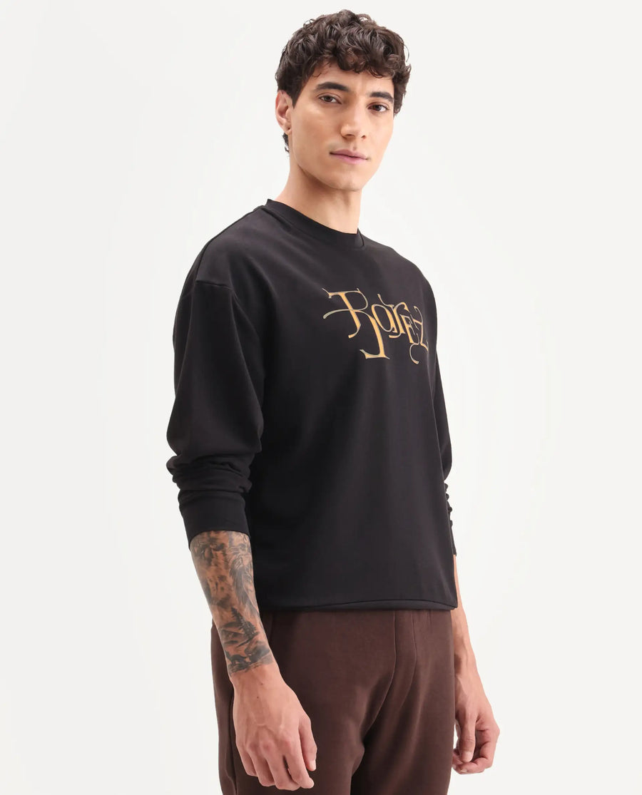 Rare Rabbit Men's Bott Dark Grey Cotton Graphic Print Regular Fit Full Sleeve Crew Neck Sweatshirt
