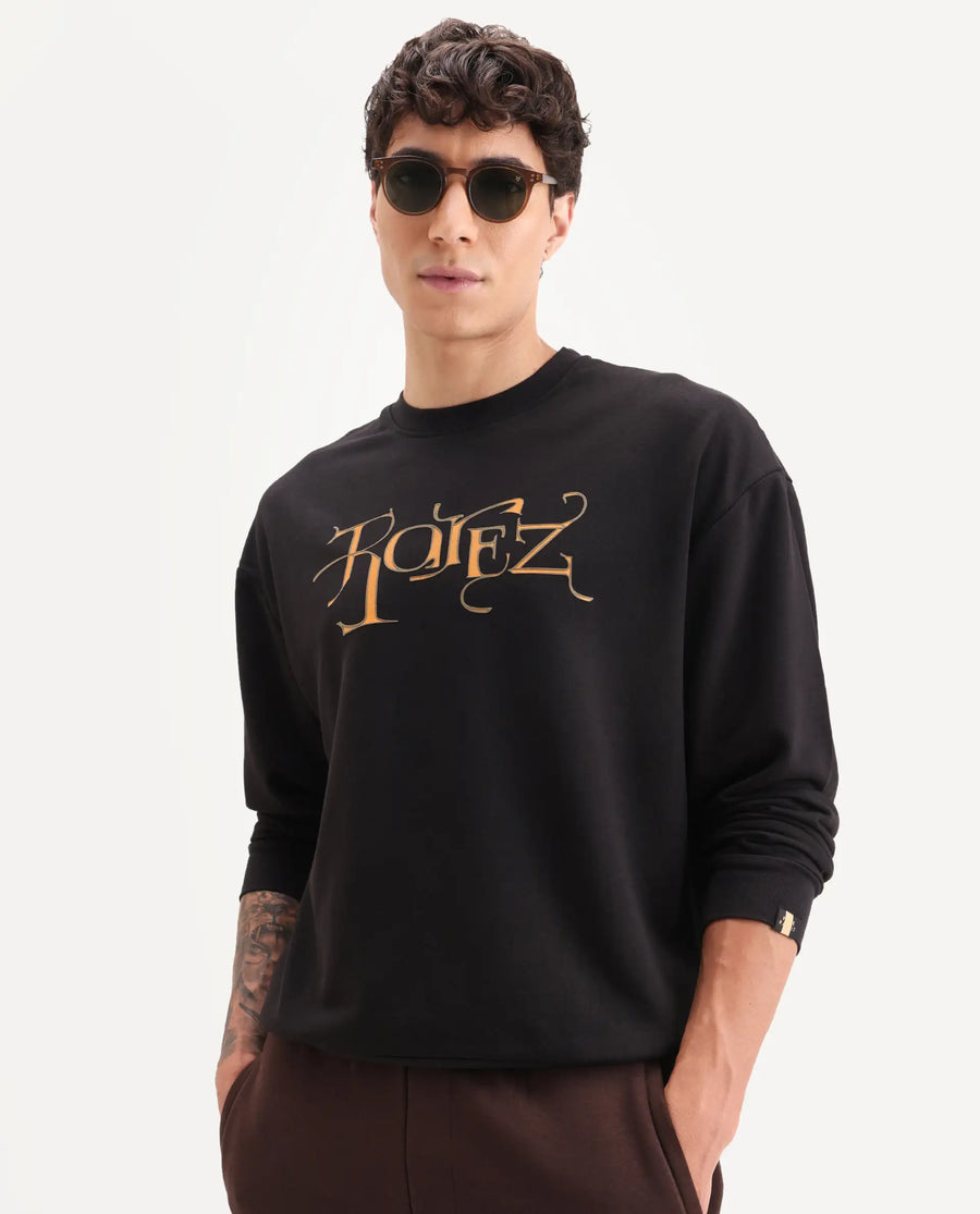 Rare Rabbit Men's Bott Dark Grey Cotton Graphic Print Regular Fit Full Sleeve Crew Neck Sweatshirt