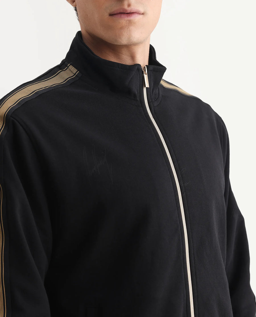 Rare Rabbit Men's Jacksign Black Cotton Blend Signature Print Regular Fit Full Sleeve High Neck Jacket