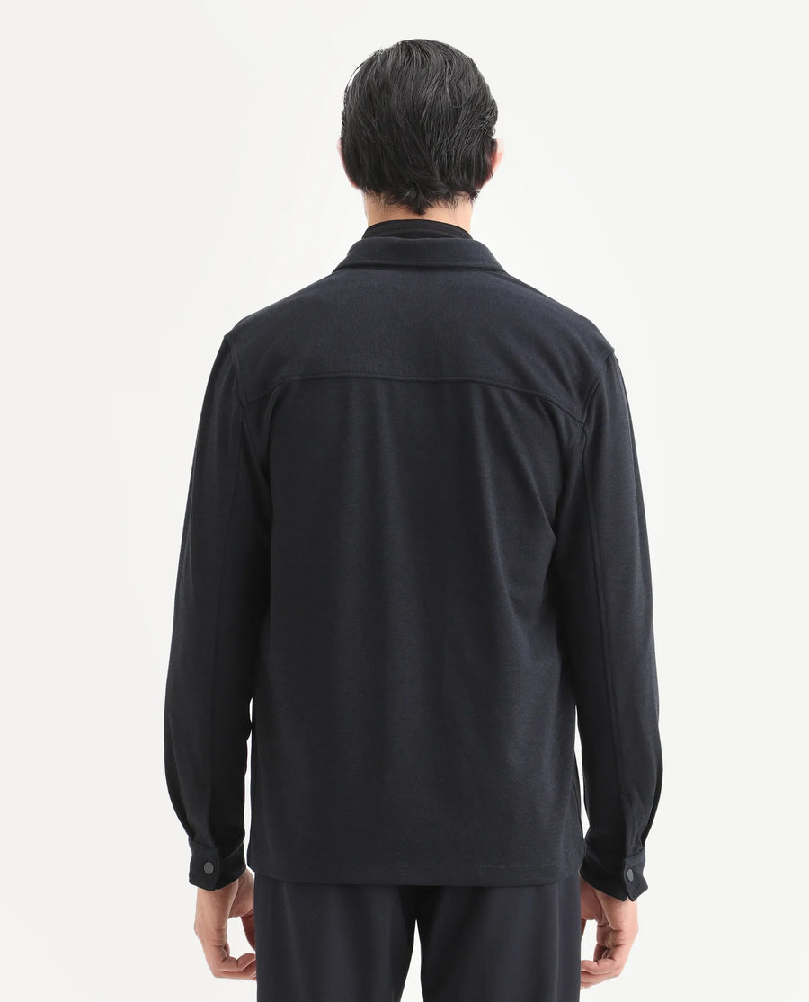Rare Rabbit Men's Arlington Dark Navy Rayon Plain Regular Fit Full Sleeve Collared Shacket