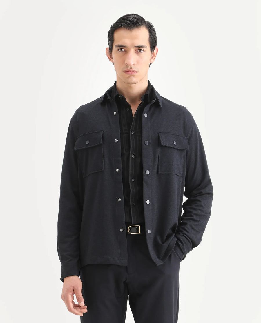 Rare Rabbit Men's Arlington Dark Navy Rayon Plain Regular Fit Full Sleeve Collared Shacket