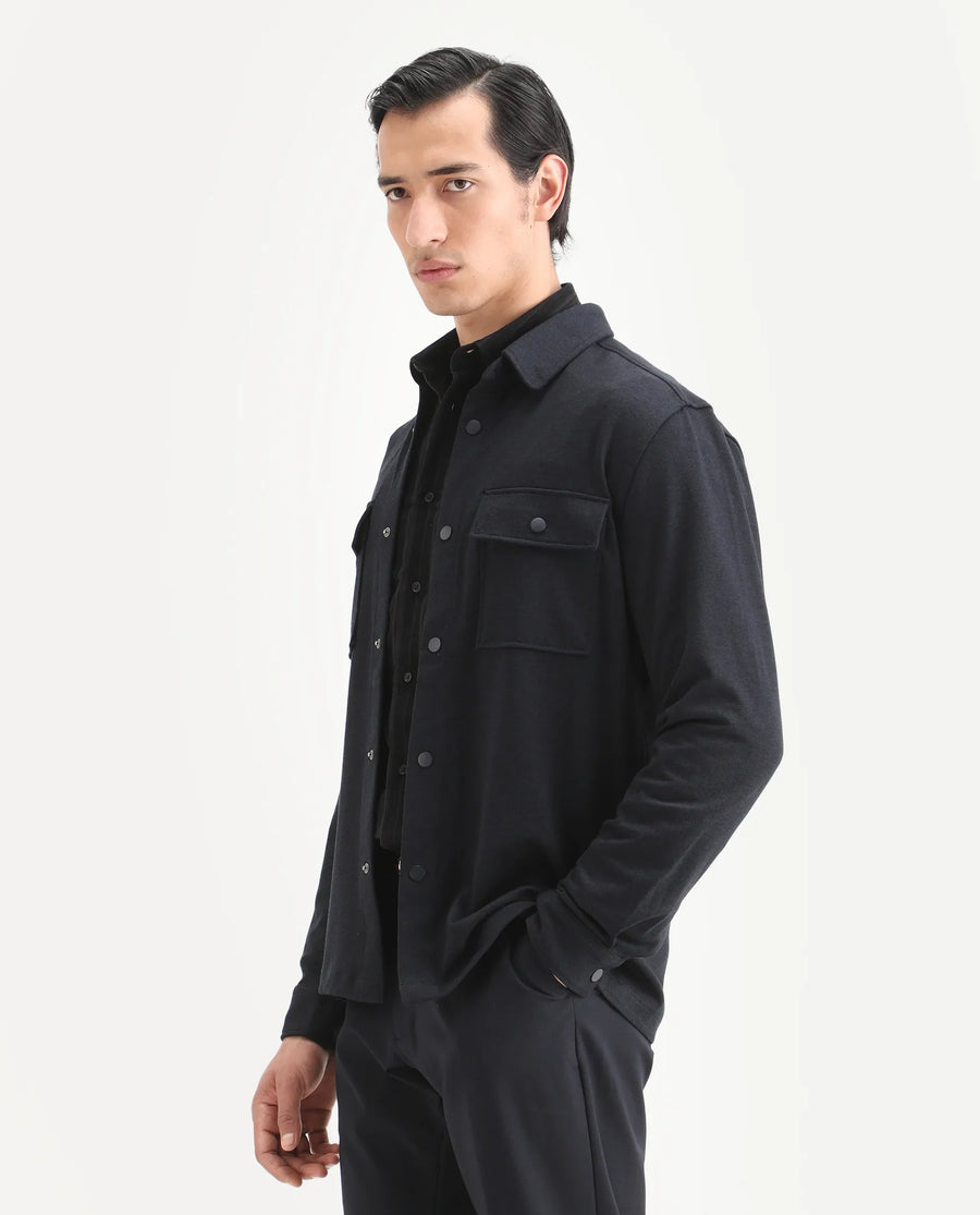 Rare Rabbit Men's Arlington Dark Navy Rayon Plain Regular Fit Full Sleeve Collared Shacket
