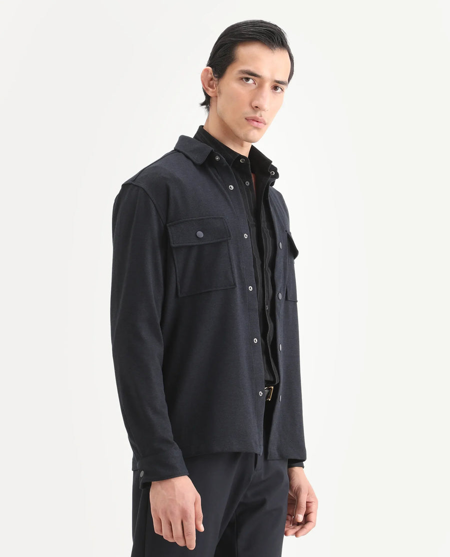 Rare Rabbit Men's Arlington Dark Navy Rayon Plain Regular Fit Full Sleeve Collared Shacket