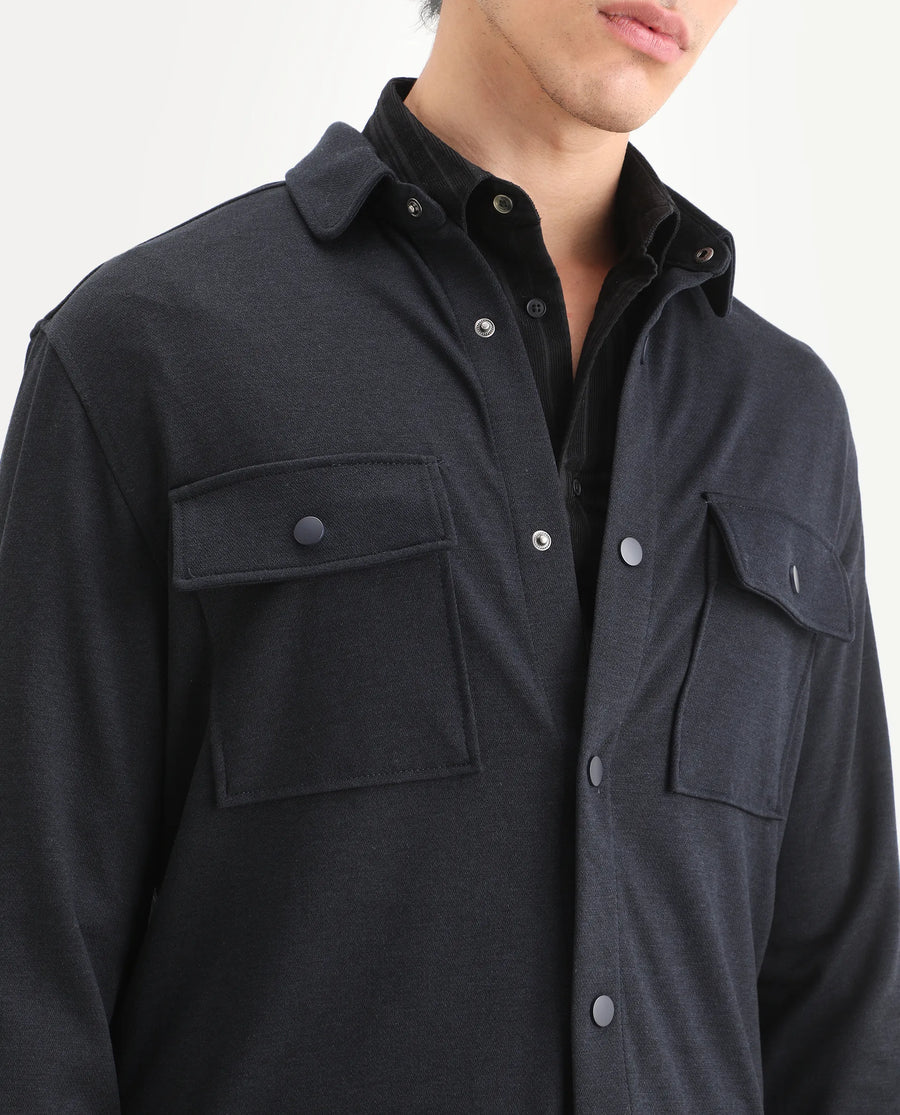 Rare Rabbit Men's Arlington Dark Navy Rayon Plain Regular Fit Full Sleeve Collared Shacket