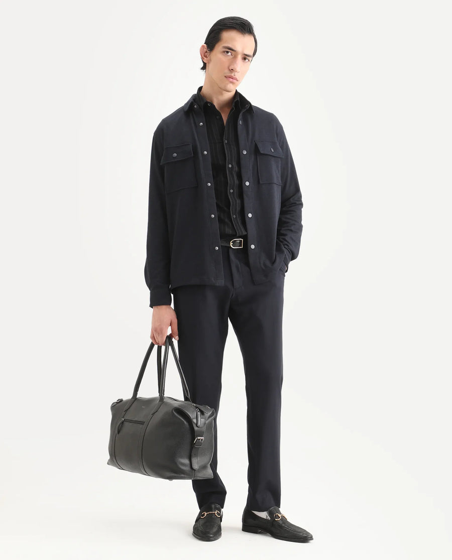 Rare Rabbit Men's Arlington Dark Navy Rayon Plain Regular Fit Full Sleeve Collared Shacket