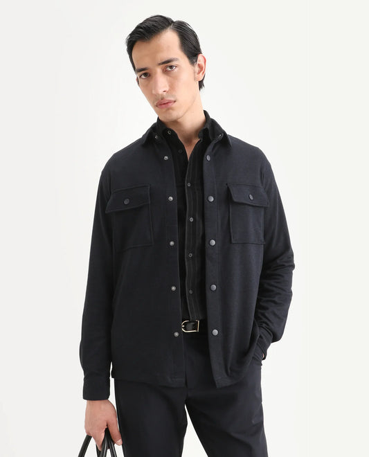 Rare Rabbit Men's Arlington Dark Navy Rayon Plain Regular Fit Full Sleeve Collared Shacket