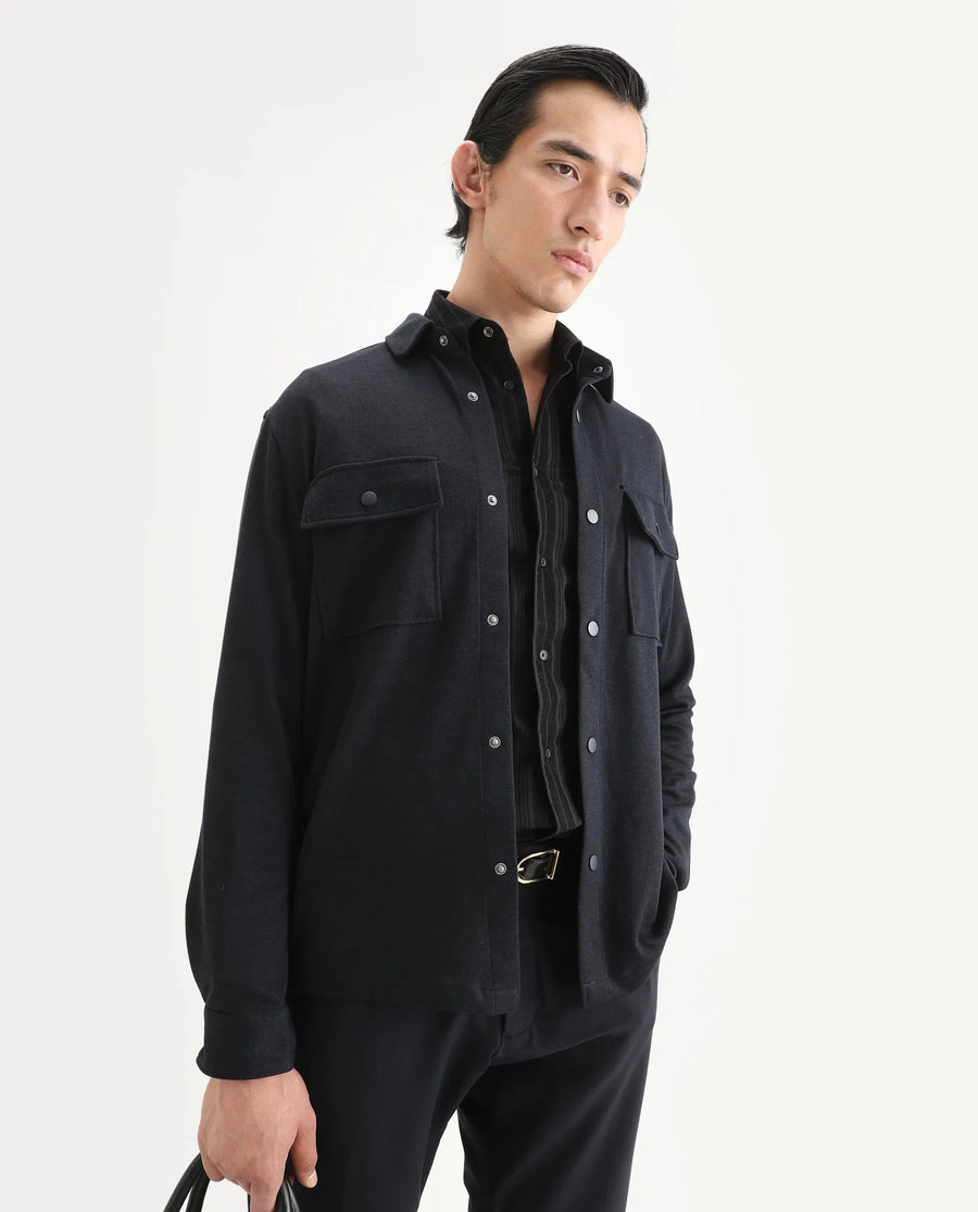 Rare Rabbit Men's Arlington Dark Navy Rayon Plain Regular Fit Full Sleeve Collared Shacket