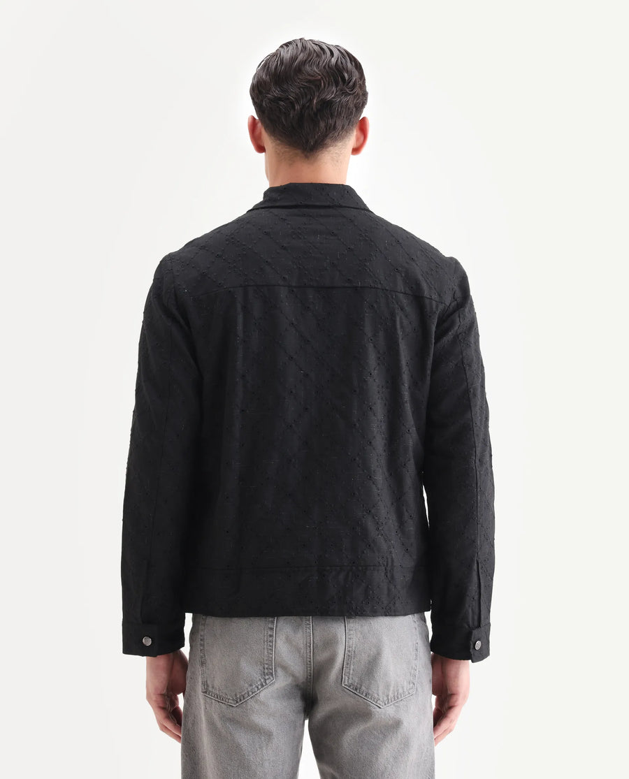Rare Rabbit Men's Canyo Black Polyester Embroidered Relaxed Fit Full Sleeve Spread Collar Jacket