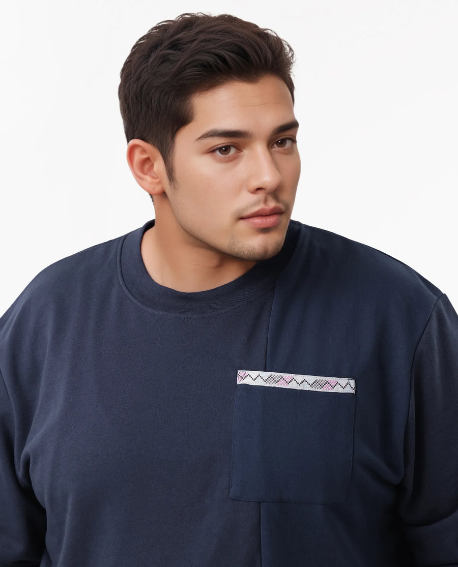 Rare Rabbit Men's Otese-L Navy Cotton Blend Cut And Sew Plus Size Full Sleeve Crew Neck Sweatshirt