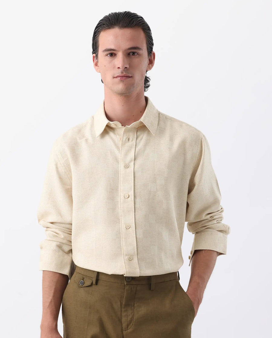 Rare Rabbit Men's Dob Beige Linen Blend Checked Print Regular Fit Full Sleeve Collared Shirt