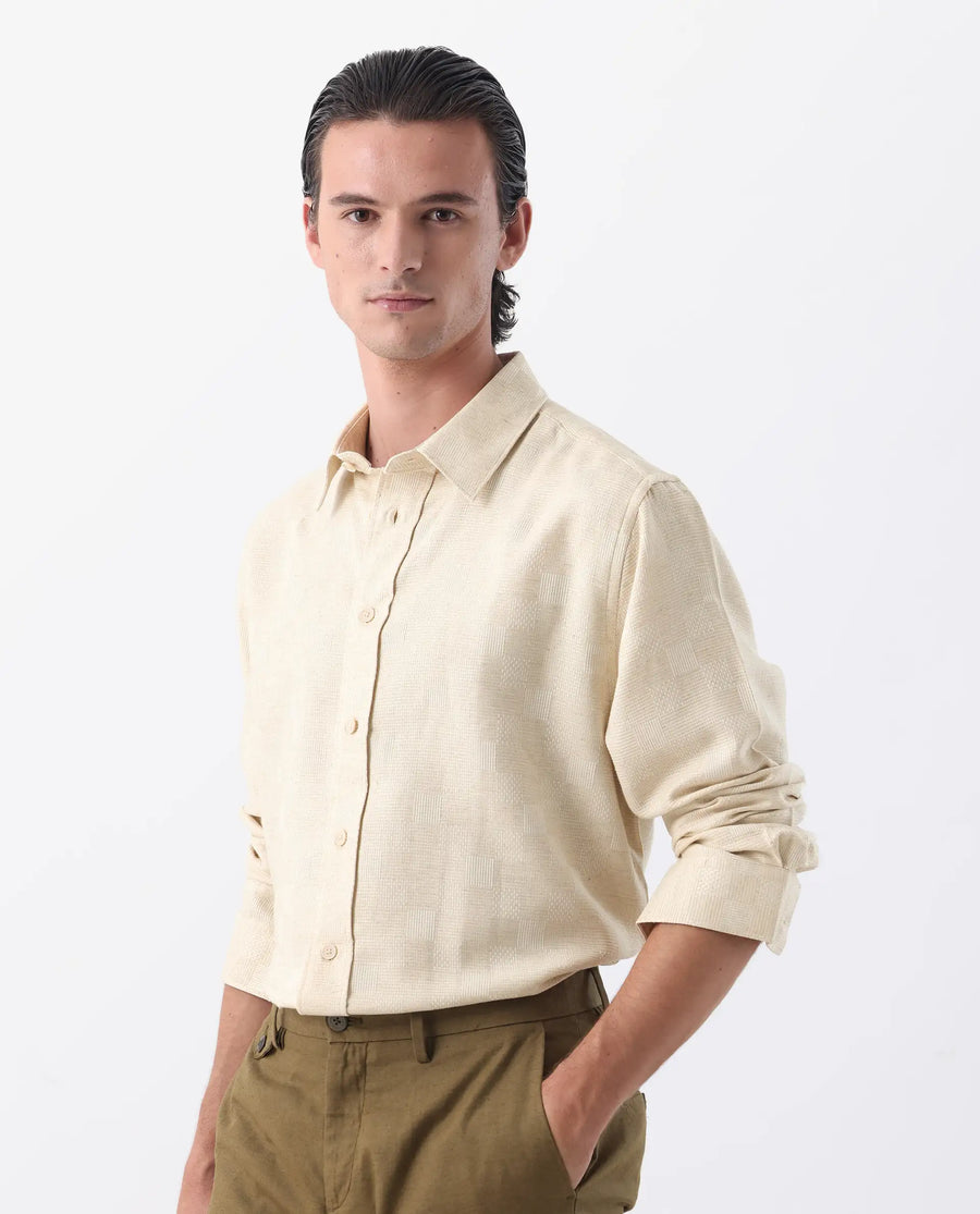 Rare Rabbit Men's Dob Beige Linen Blend Checked Print Regular Fit Full Sleeve Collared Shirt