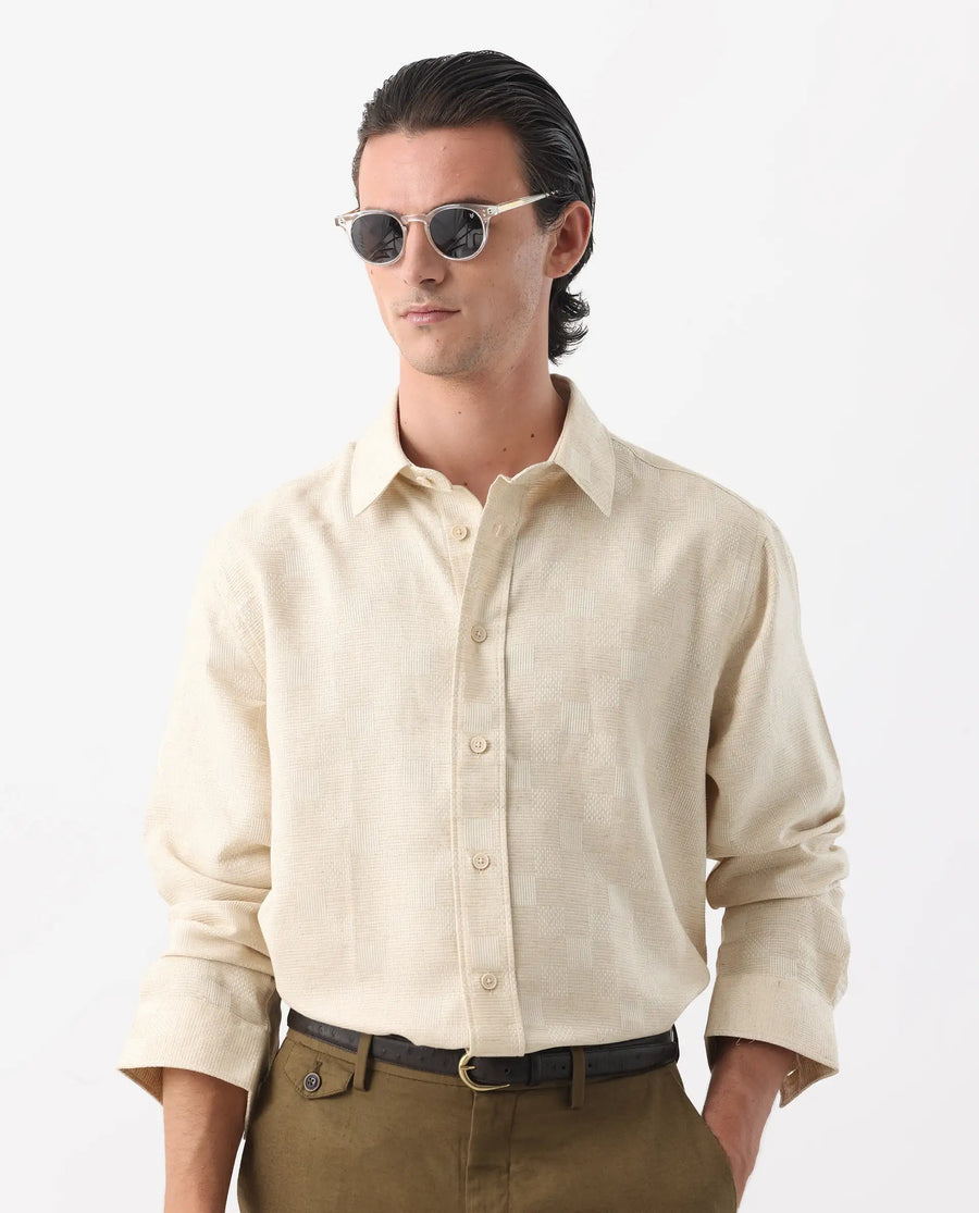 Rare Rabbit Men's Dob Beige Linen Blend Checked Print Regular Fit Full Sleeve Collared Shirt