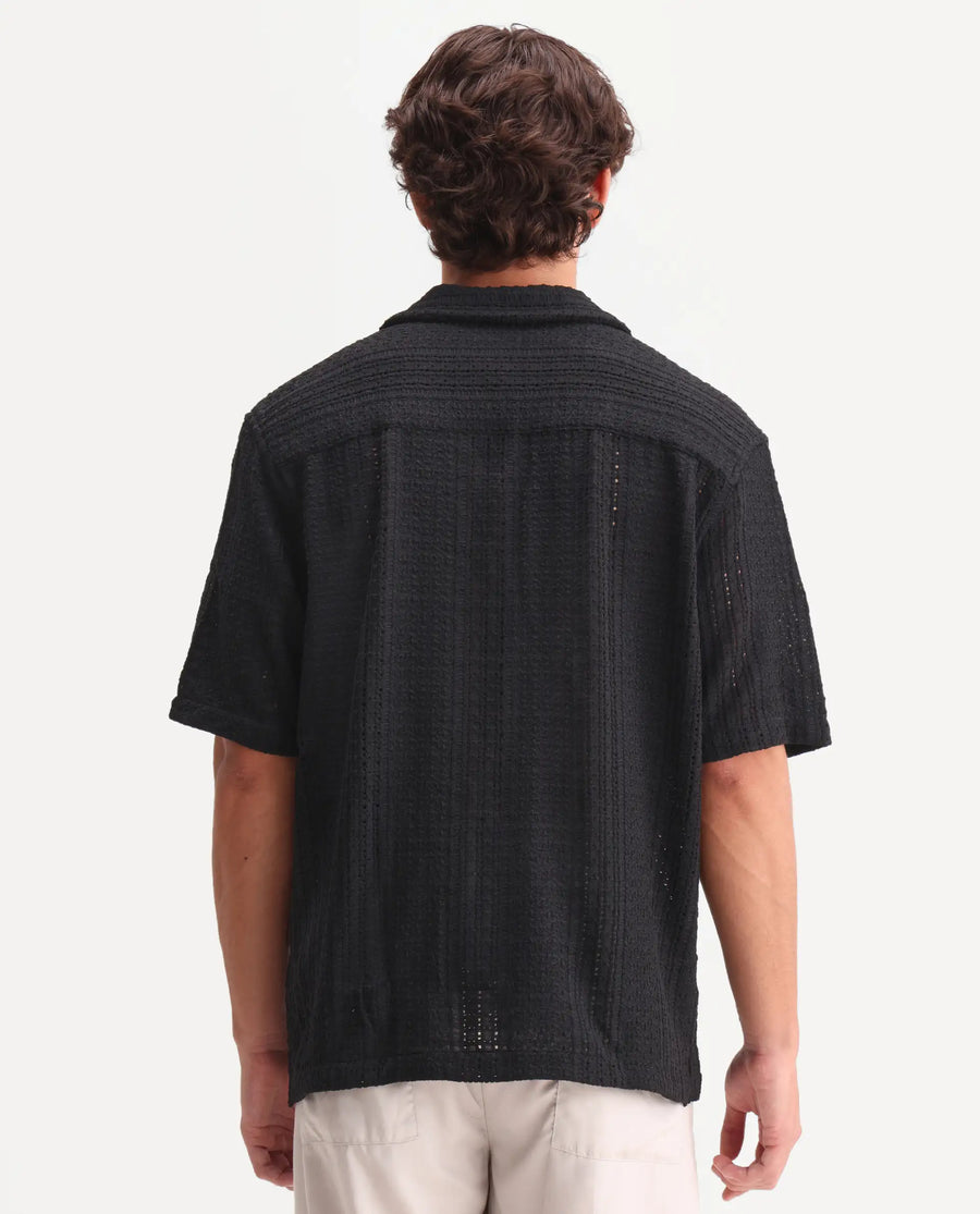 Rare Rabbit Men's Limo Black Cotton Embroidered Regular Fit Full Sleeve Collared Shirt